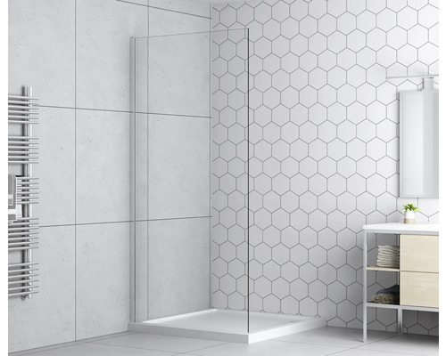 Salle de bains lumineuse avec cabine de douche, meuble-lavabo et radiateur