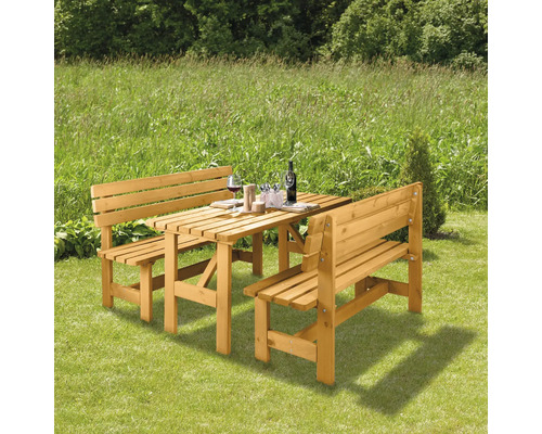 Ensemble table de brasserie en bois avec table et deux bancs dans le jardin