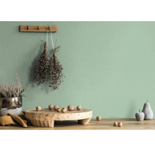 Décoration murale avec fleurs séchées et objets de décoration sur une table en bois devant un mur vert