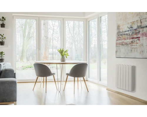 Pièce lumineuse avec table à manger, chaises, radiateur et fenêtres