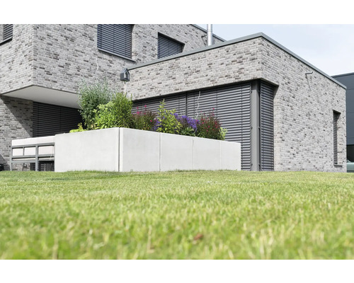 Jardin moderne avec parterre surélevé en béton et jardinière plantée.