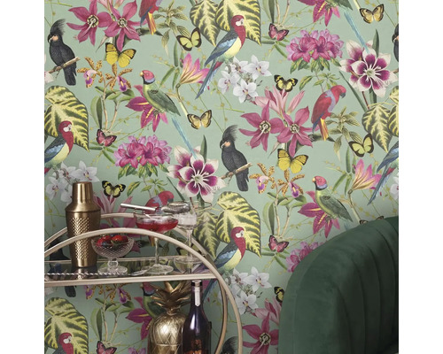 Tapete mit Blumen, Papageien und Schmetterlingen