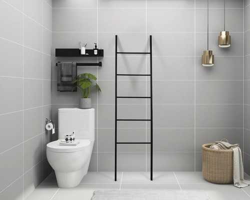 Salle de bains moderne avec toilettes, porte-serviettes, échelle, panier à linge et suspensions.