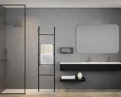 Salle de bains moderne avec douche, lavabo, miroir et porte-serviettes