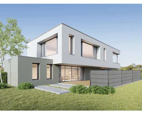 Modernes Haus mit Zaun im Garten