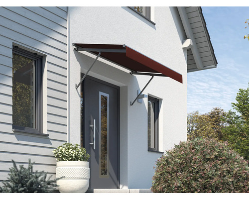 Auvent SCALA châssis RAL 7016 gris anthracite 120x90 cm tissu dessin 8206 Façade de maison avec un auvent de porte pour protéger l''entrée.