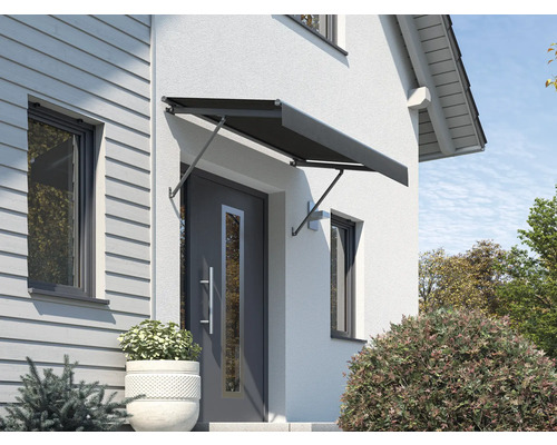 Auvent SCALA châssis RAL 7016 gris anthracite 120x90 cm tissu dessin U095 Façade de maison avec auvent de porte comme protection contre les intempéries