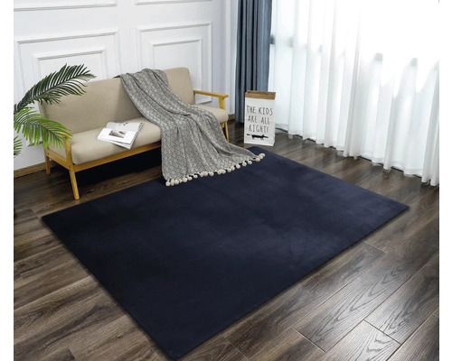 Vue d''une pièce avec un canapé, un couvre-lit et un tapis bleu foncé sur un plancher en bois.