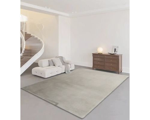 Salon avec tapis, canapé, commode et escalier en colimaçon