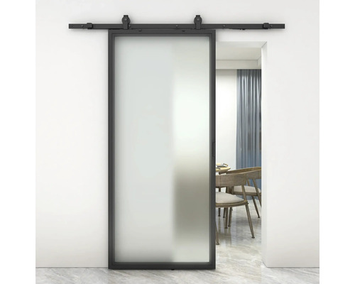 Porte coulissante avec verre satiné et cadre noir