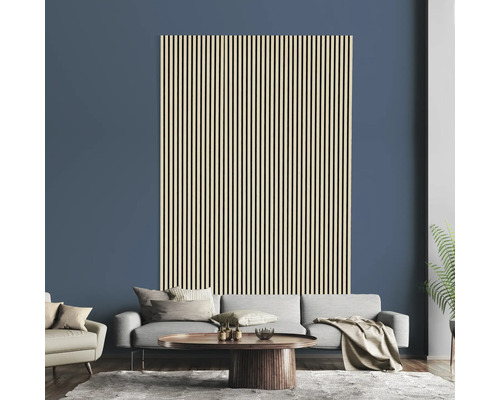 Salon avec mur de panneaux acoustiques, canapé et table basse