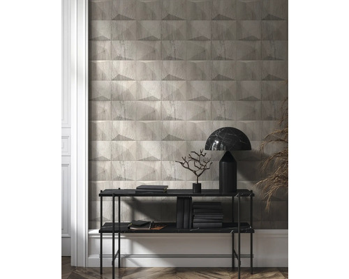 Mur décoratif avec effet géométrique 3D et aspect bois dans un espace de vie