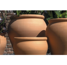 Pots de fleurs en terre cuite de différentes tailles avec des plantes dans le jardin.