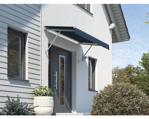 Auvent SCALA châssis RAL 7035 gris clair 120x90 cm tissu dessin 6022 Façade de maison avec marquise de porte