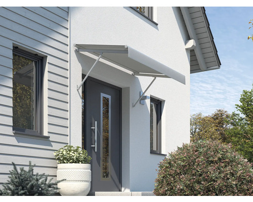 Auvent SCALA châssis RAL 7035 gris clair 120x90 cm tissu dessin 6088 Auvent au-dessus d''une porte d''entrée d''une maison