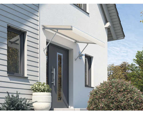 Auvent SCALA châssis RAL 7035 gris clair 120x90 cm tissu dessin 7133 Façade de maison avec auvent monté au-dessus de la porte d''entrée