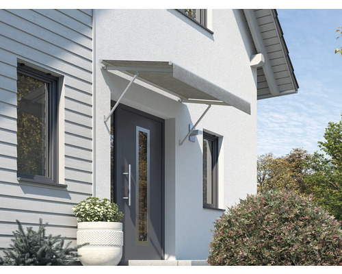 Auvent SCALA châssis RAL 7035 gris clair 120x90 cm tissu dessin 8396 Façade de maison avec auvent de porte comme protection contre les intempéries