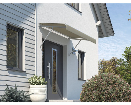 Auvent SCALA châssis RAL 7035 gris clair 120x90 cm tissu dessin 8779 Auvent de porte d''entrée en aluminium au-dessus d''une porte d''entrée