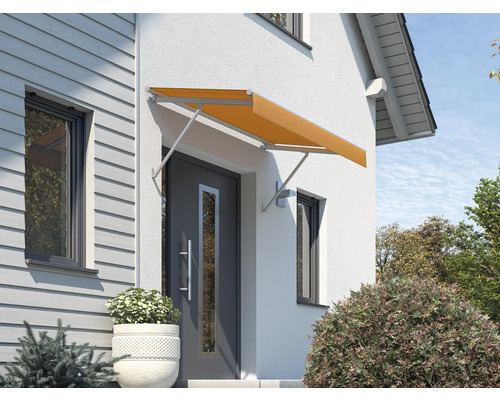 Auvent SCALA châssis RAL 7035 gris clair 120x90 cm tissu dessin U767 Façade de maison avec marquise de porte et porte d''entrée