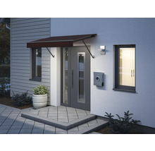 Zone d''entrée d''une maison avec auvent de porte, boîte aux lettres et plantation