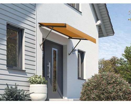Auvent SCALA châssis RAL 8022 noir marron 120x90 cm tissu dessin U767 Façade de maison avec auvent de porte d''entrée