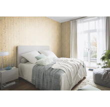 Chambre à coucher avec papier peint mural en bois, lit et table de chevet