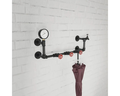 Porte-manteau mural en tuyaux avec manomètre, robinet et parapluie