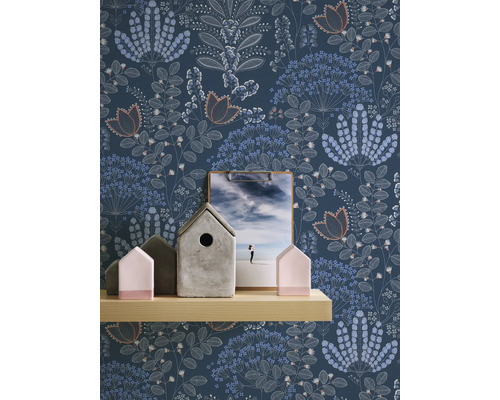Papier peint fleuri avec étagère, décoration et image