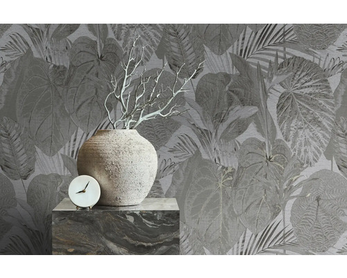 Papier peint décoratif avec motif végétal, vase, horloge et décoration