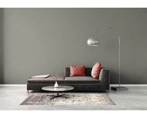 Salon avec canapé, coussins, lampadaire et tapis