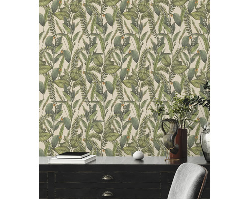 Papier peint avec motif de feuilles botaniques dans un intérieur