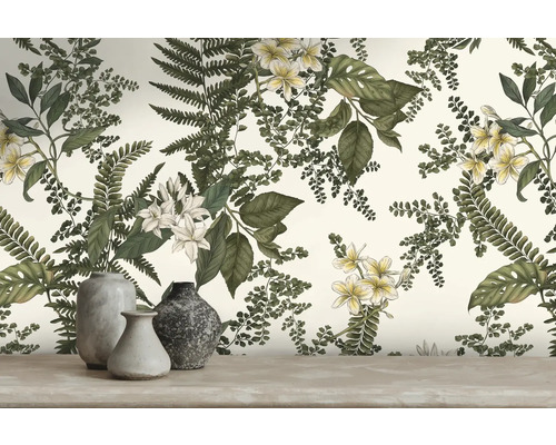 Papier peint décoratif avec motif de plantes et vases au premier plan