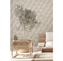 Intérieur avec papier peint géométrique, fauteuils en rotin et olivier