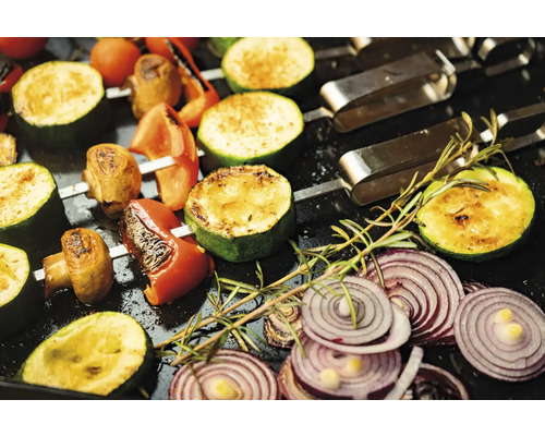 Gemüse wie Zucchini, Pilze, Tomaten und Paprika auf Spießen mit Zwiebelringen auf einem Grill.