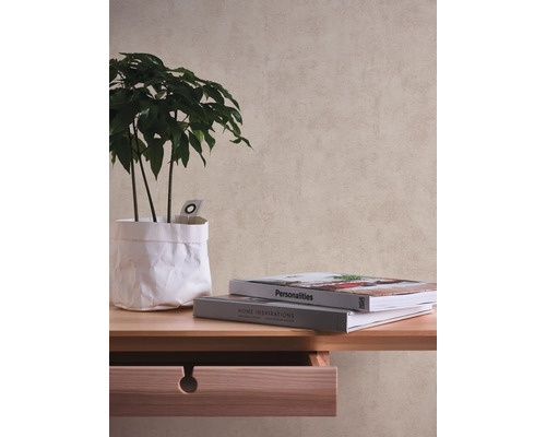 Dekoratives Arrangement mit Pflanze, Büchern und Wandstruktur auf einem Holztisch