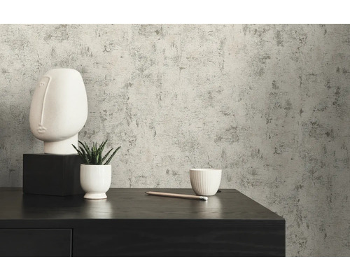 Nahaufnahme einer Wand mit grauer Betonoptik Tapete, dekoriert mit einer Skulptur, einer Topfpflanze, einer Schale und einem Bleistift auf einem schwarzen Schrank