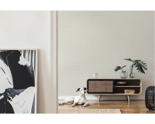 Salon lumineux avec papier peint à motifs, commode et chien