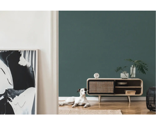 Salon avec commode, décoration et un chien sur un tapis devant un mur vert