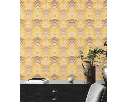 Papier peint à motif floral en jaune et marron