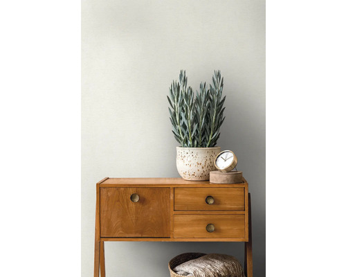 Dekoratives Interieur mit Holzkommode, Pflanze und Uhr