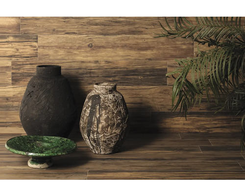 Scène décorative avec deux vases, un bol et une plante devant un mur en bois