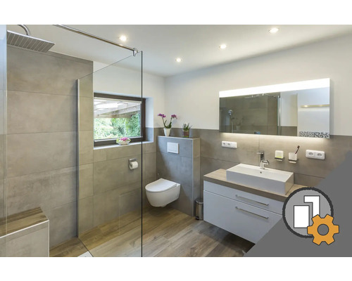 Salle de bain moderne avec douche, toilettes, lavabo et miroir