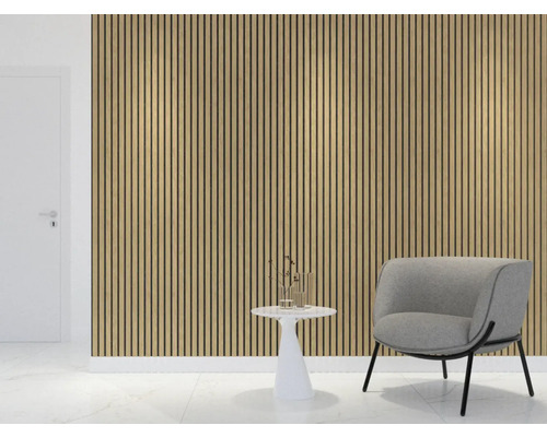 Vue d''une pièce avec des panneaux muraux, un fauteuil et une table