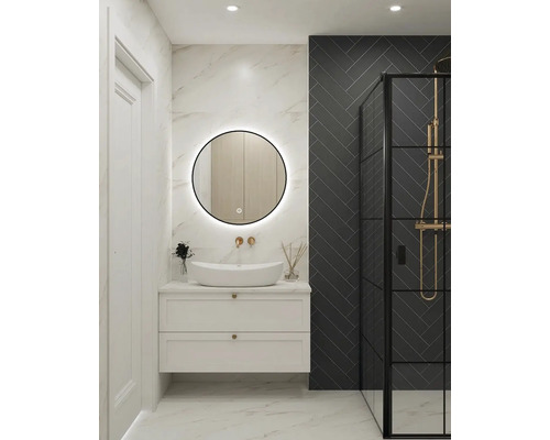 Salle de bains avec meuble sous-vasque, vasque à poser, miroir lumineux et cabine de douche