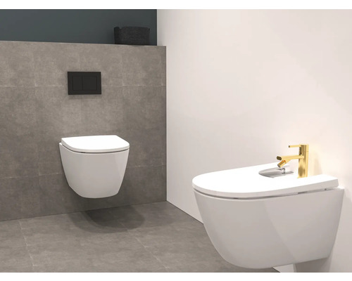 Modernes Badezimmer mit Wand-Tiefspülklosett und Bidet mit Armatur