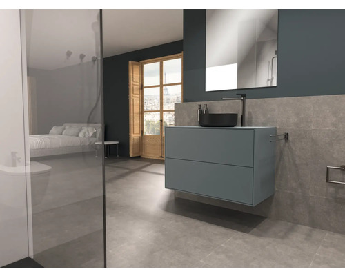 Salle de bains moderne avec meuble-lavabo, miroir et douche à l''italienne