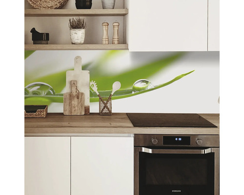 Crédence de cuisine avec motif de plante et gouttes d''eau dans une cuisine moderne.