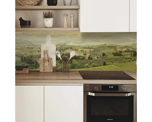 Crédence de cuisine avec motif de paysage dans une cuisine moderne.