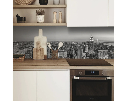 Crédence de cuisine avec motif de la skyline de New York en noir et blanc