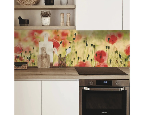 Scène de cuisine avec crédence à motif de coquelicots au-dessus du plan de travail.